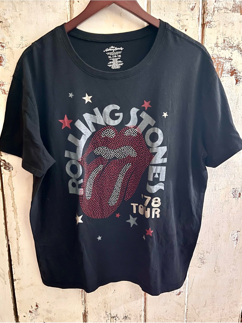 The Rolling Stones Black Tee with Rhinestone Red Tongue Graphic
